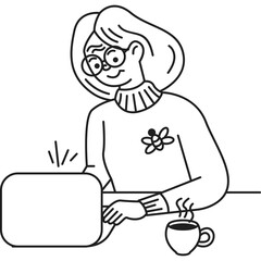 Smiling Woman Wearing Glasses and a Sweater with a Flower Pin Works on a Laptop Next to a Steaming Cup of Coffee with a Transparent Background