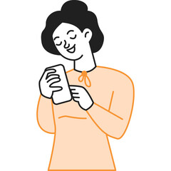 Smiling Woman with Dark Hair Wearing an Orange Long Sleeve Shirt Holding a White Smartphone with Both Hands in a Joyful Manner on a Transparent Background with Simple Orange Outline Style