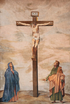 SALZBURG, AUSTRIA - SEPTEMBER 6, 2025: The fresco of Crucifixion with St. John and Mary (Little Calvary) in the Cathedral by Hans Fischer (1957).