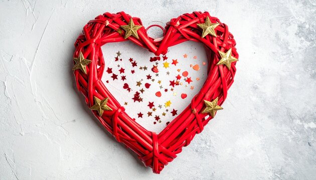 Festive woven red heart with confetti, stars, and bauble on gray surface