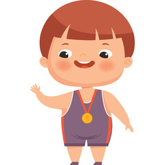Smiling Young Boy Wearing A Purple Wrestling Singlet And Gold Medal Waving With A Transparent Background