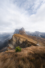 Landscape of the Dolomites Alps. Odle mountain range, Seceda peak in Dolomites, Italy.Nature concept background.