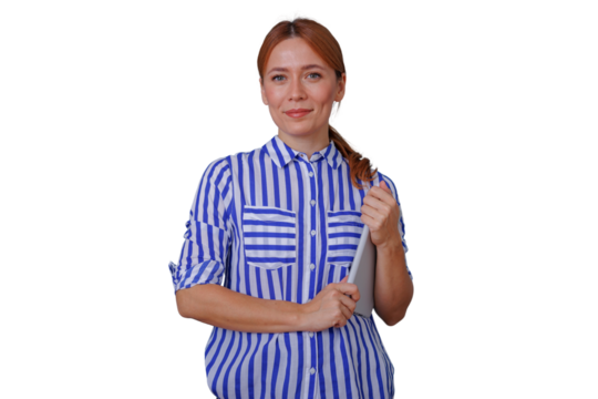 Businesswoman holding tablet, smiling, showing confidence and professionalism, standing with transparent background