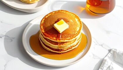 Golden brown pancakes stacked high with a pat of butter and dripping maple syrup on a white plate with natural sunlight casting shadows on a marble countertop perfect for breakfast or brunch.