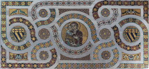 RAVELLO, ITALY - OCTOBER 7, 2025: The detail of medieval mosaic (Madonna) from pulpit - Ambone del Vangelo in the Cathedral by Nicola di Bartolomeo da Foggia (1272)