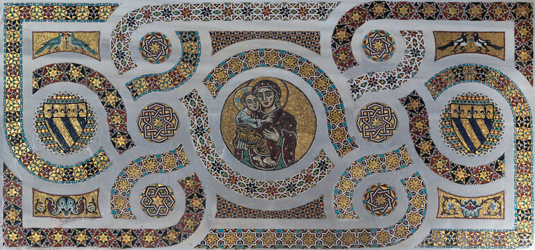 RAVELLO, ITALY - OCTOBER 7, 2025: The detail of medieval mosaic (Madonna) from pulpit - Ambone del Vangelo in the Cathedral by Nicola di Bartolomeo da Foggia (1272)