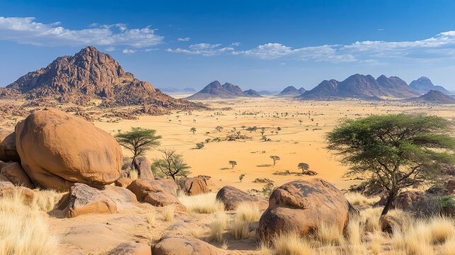 Granite peaks and acacia trees rise above the golden sands of the Hoggar Mountains in southern Algeria