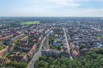 Die mittelfränkische Stadt Fürth von oben, Ausblick auf die Stadtbezirke rund um das Rednitztal