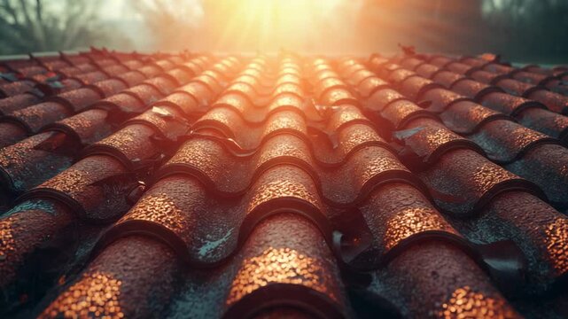 Emerging sun casting glow revealing glinting dew droplets across red ceramic tile roof at dawn mist