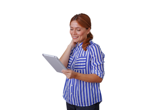 Redhead woman smiling, using digital tablet for online business, virtual communication, transparent background