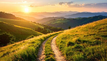 Golden Hour Sunrise Over Rolling Green Hills with a Dirt Path Winding Through the Landscape