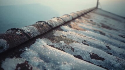 Frosty corrugated metal roof ridge receiving sunlight, thawing into droplets on rooftop at sunrise - Powered by Adobe