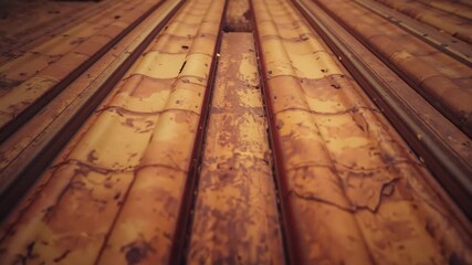 Tracking camera revealing rusted corrugated metal roof panels on rooftop, highlighting corrosion - Powered by Adobe