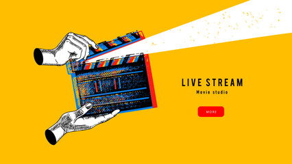 Fototapeta na wymiar Trendy collage of sketch hands and clapper. Retro cinema, live stream, filmmaking, video, media, film studio, streaming service, production concept. Hand drawn vector illustration.