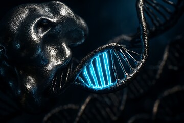 Futuristic robot hand holding glowing blue dna helix in dark laboratory
