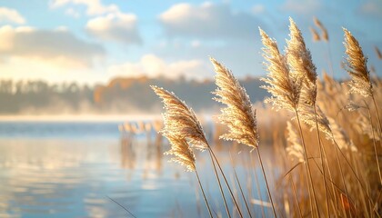 Golden Reeds Gently Swaying by a Serene Lake at Sunrise with Soft Morning Mist and Distant Trees
