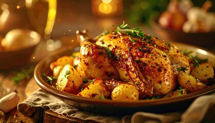 Golden Roasted Whole Chicken With Rosemary And Potatoes Served On A Plate With Soft Warm Lighting And Shallow Depth Of Field