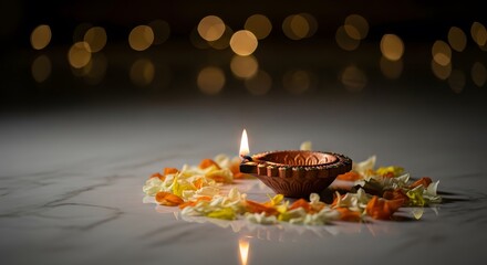 Diwali celebration with diya and flowers on marble surface.