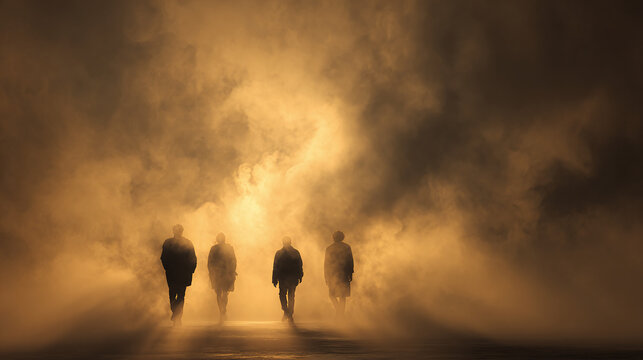 Four figures walk into a world enveloped by dense fog, creating a mysterious and enigmatic atmosphere