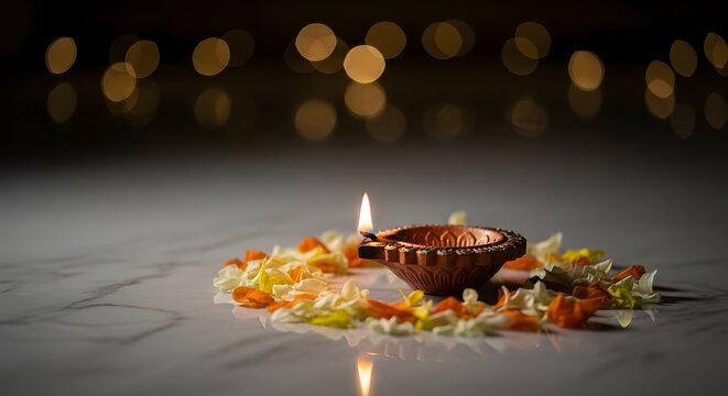 Diwali celebration with diya and flowers on marble surface.