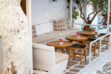 Interior design of a contemporary lounge coffee sea bar in Greece