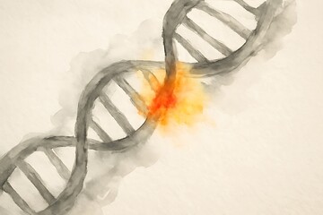 Watercolor dna helix with a bright orange glow representing mutation or innovation