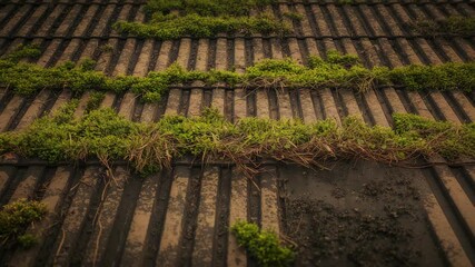 Sliding camera capturing damp corrugated rooftop panels, revealing moss grass patches and dark soil - Powered by Adobe
