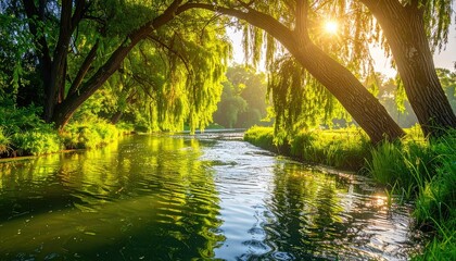Golden Sunbeams Filter Through Lush Green Willow Trees Arching Over a Serene Pond Reflecting the Bright Sky on a Warm Summer Day