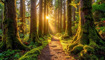 Golden Sunbeams Filter Through A Lush Forest Path With Moss Covered Trees And Sparkling Dust Particles Creating A Magical Ambiance