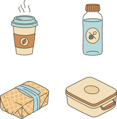 An illustration showing various food and drink items including a coffee cup, water bottle, wrapped snack, and a lunchbox.