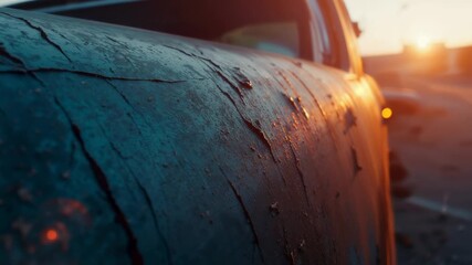 Closeup camera panning across rusted car door in parking lot at sunset, revealing peeling paint - Powered by Adobe