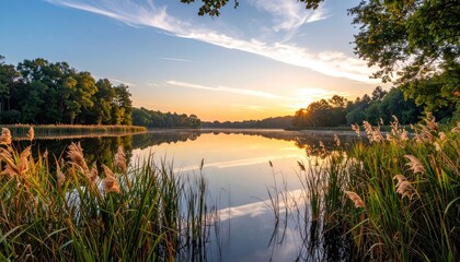 Golden Sunrise Over Calm Lake With Lush Green Trees And Reeds In The Foreground