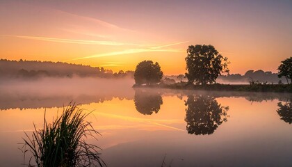 Golden Sunrise Over Misty Lake Reflecting Silhouetted Trees and Hills With Orange Sky and Wispy Clouds
