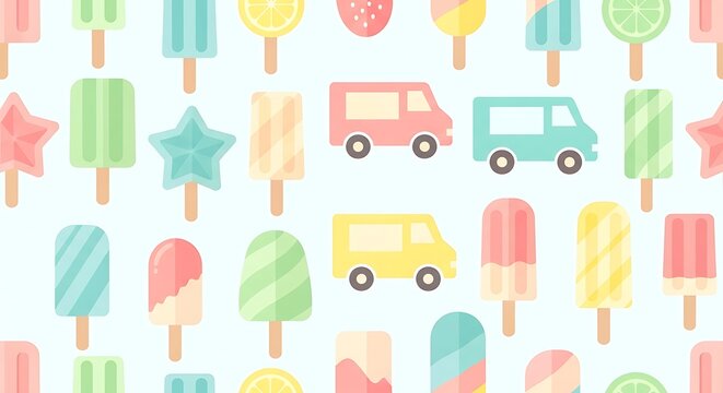 Seamless summer pattern with colorful popsicles and ice cream trucks.