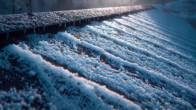 Camera panning frosted rooftop at winter dawn, rising sunlight revealing ridges and icicles