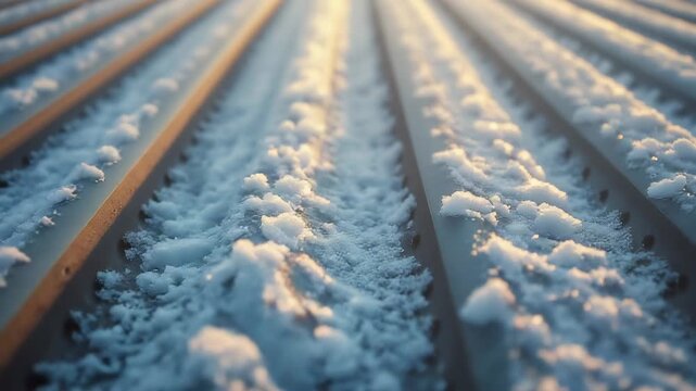 Shifting camera focus revealing snow-dusted metal ridges on rooftop, with melt droplets sparkling