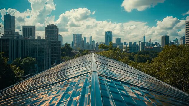 Drifting clouds causing metal rooftop ridge to glint along urban park edge, casting light patterns
