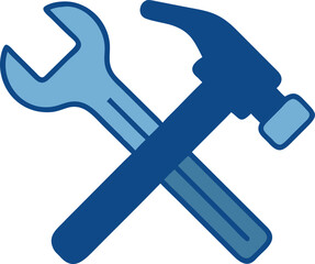 Crossed blue hammer and wrench icon on white background tool tools