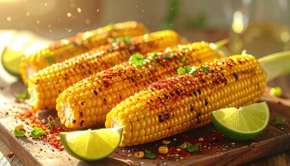 Golden Yellow Corn On The Cob Grilled With Chili Flakes And Fresh Lime Slices On A Rustic Wooden Board With Warm Sunlight And A Soft Focus Background