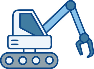 Blue and white excavator machine icon with claw construction vehicle