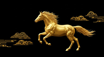 黒背景の金の馬イラスト・豪華な干支午年デザイン