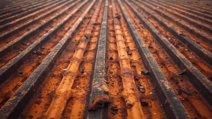 Recording starting with camera focusing close-up on rooftop rusted corrugated metal, showing debris - Powered by Adobe