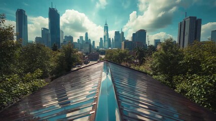 Panning camera along metal roof ridge on rooftop toward high-rise skyscrapers, trees, palms, clouds - Powered by Adobe