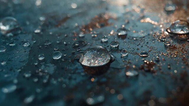 Shifting ambient light causing water droplets shimmering on blue metal surface with rust granules