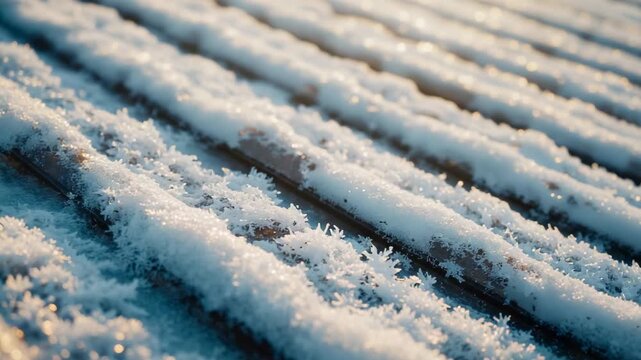 Shifting camera focus on outdoor frosted metal ridges under sunlight, revealing melting droplets