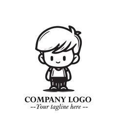 Black and White Chibi Boy Illustration with Jacket and Boots in Bold Thick Line Art Minimal Style
