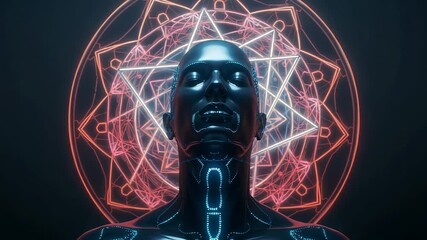Android bust initiating self-calibrating, tilting head, syncing circuits with neon mandala in void - Powered by Adobe