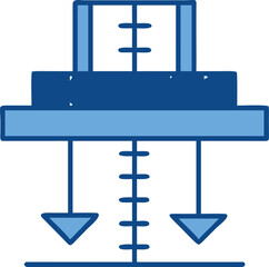 Blue building foundation icon with downward arrows graphic