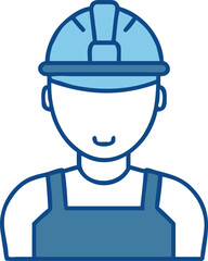 Blue line art construction worker icon with helmet and overalls vector