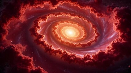 Dramatic cosmic swirl of fiery clouds, an evocative galaxy formation, ideal for space exploration documentaries and sci-fi storytelling with deep, mesmerizing visuals